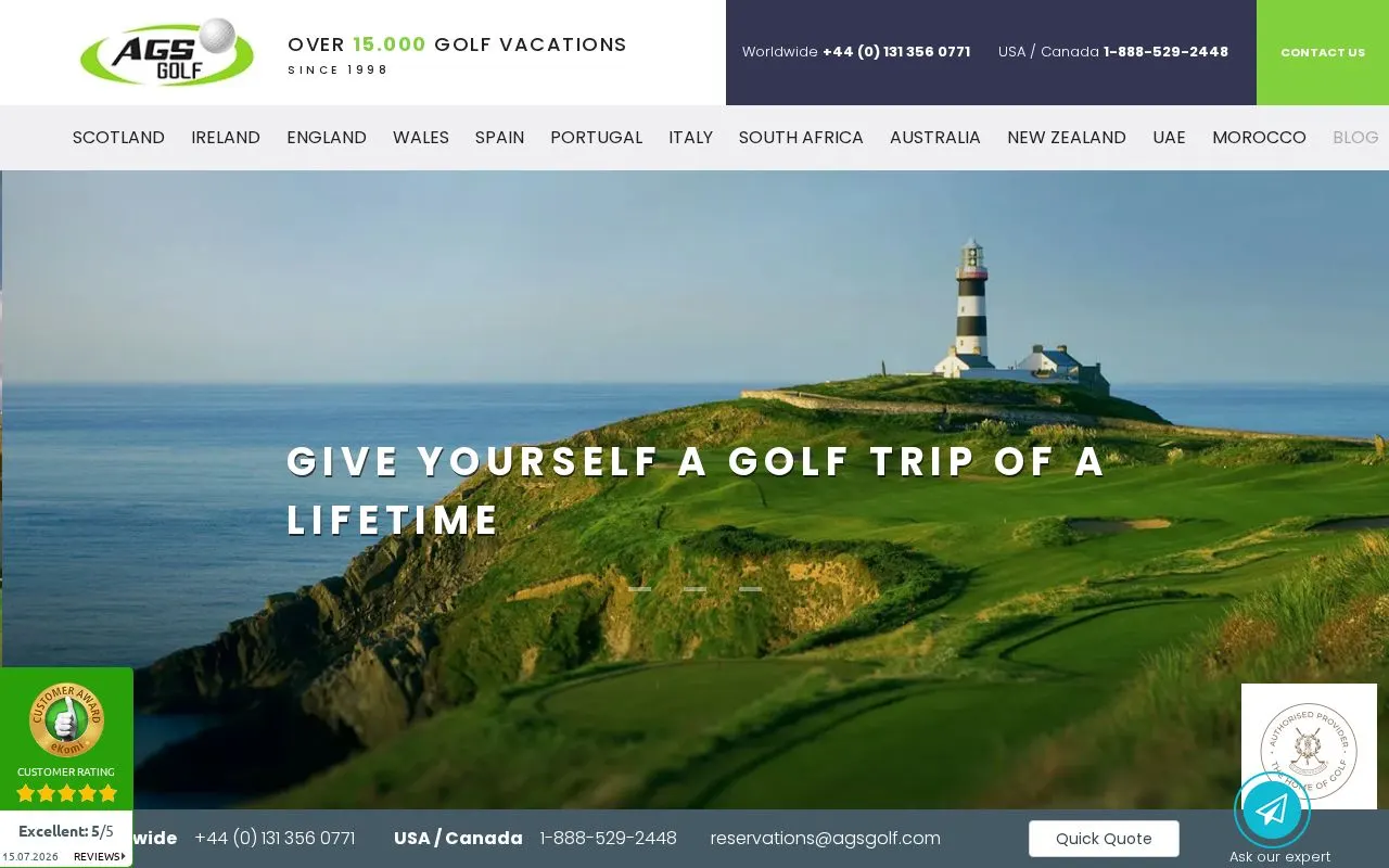 AGS Golf Vacations — zrzut ekranu strony