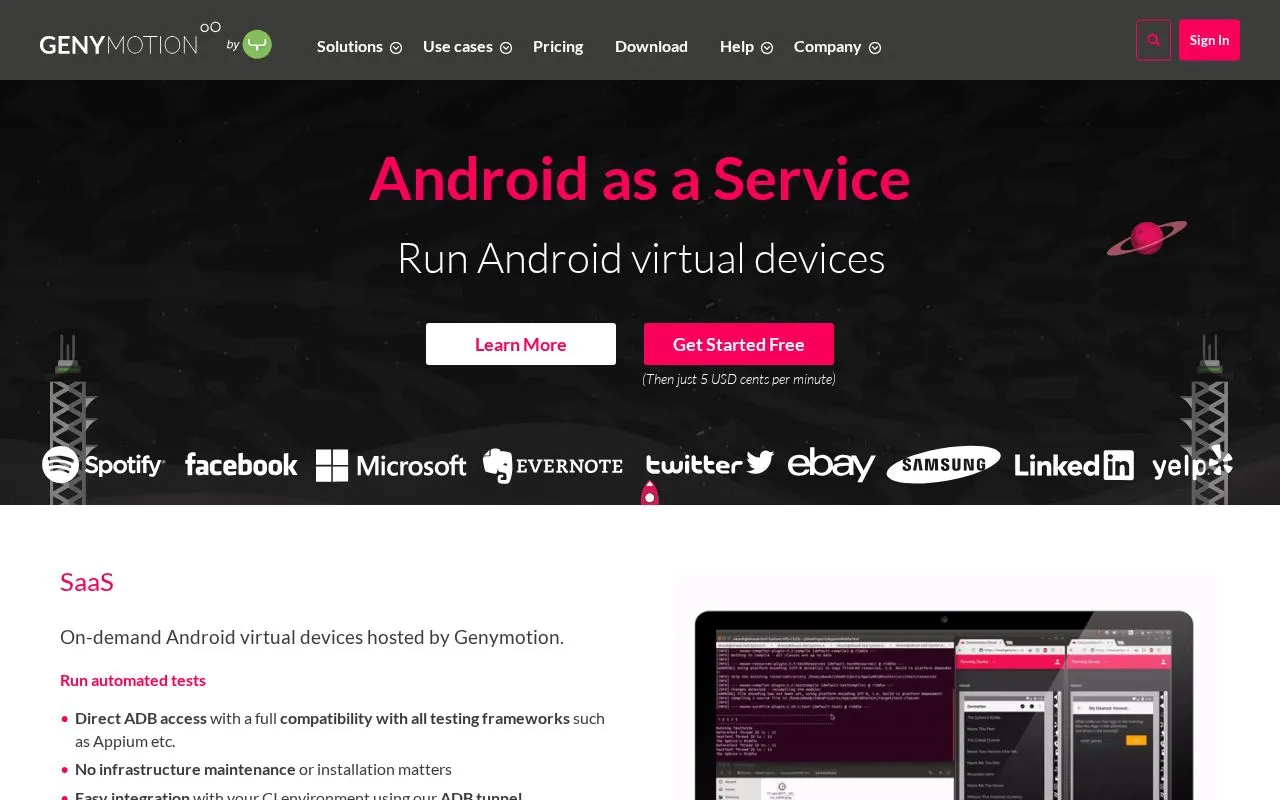 Genymotion — zrzut ekranu strony
